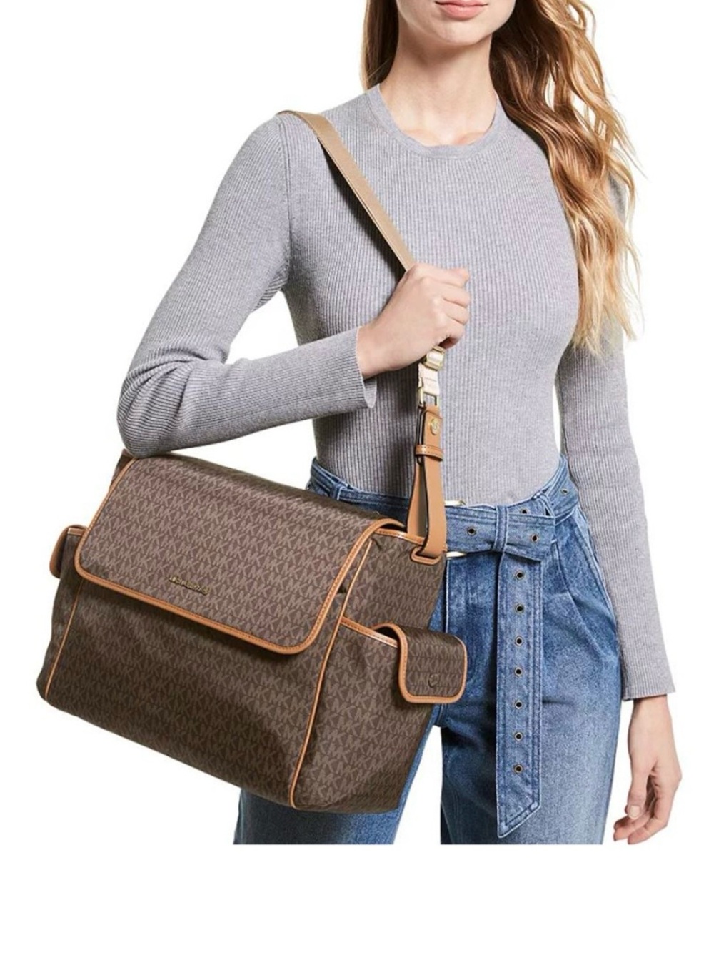 Michael Kors Brown Logo-Print Shoulder Bag with Tan Trim